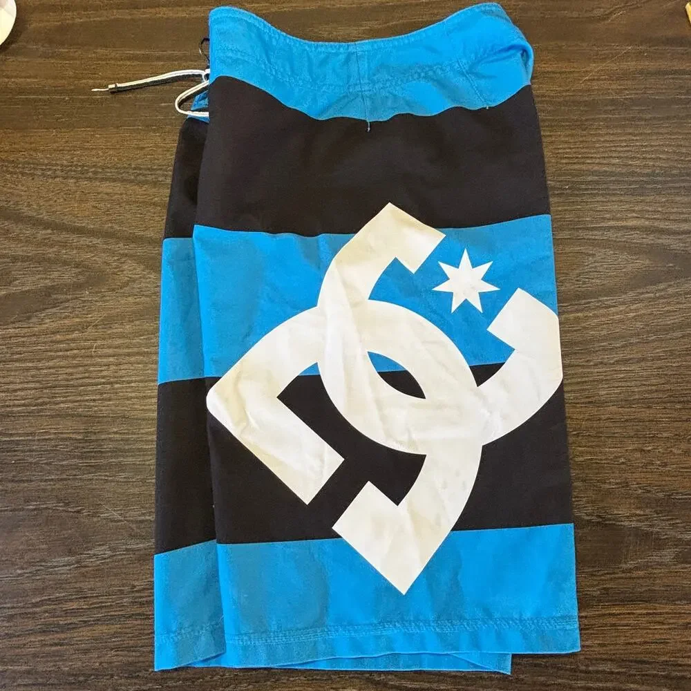 Y2K DC Shoes Boardshort 34 Lanai Big Logo Rugby Stripe Drawstring Swim Shorts